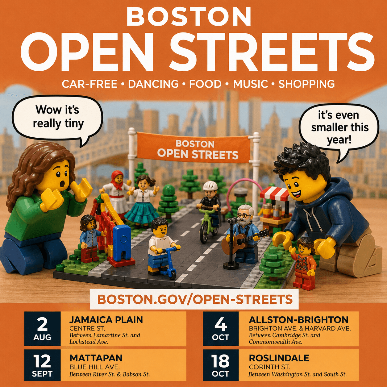 Boston Open Streets graphic showing a tiny car-free street scene and a four-event 2026 schedule